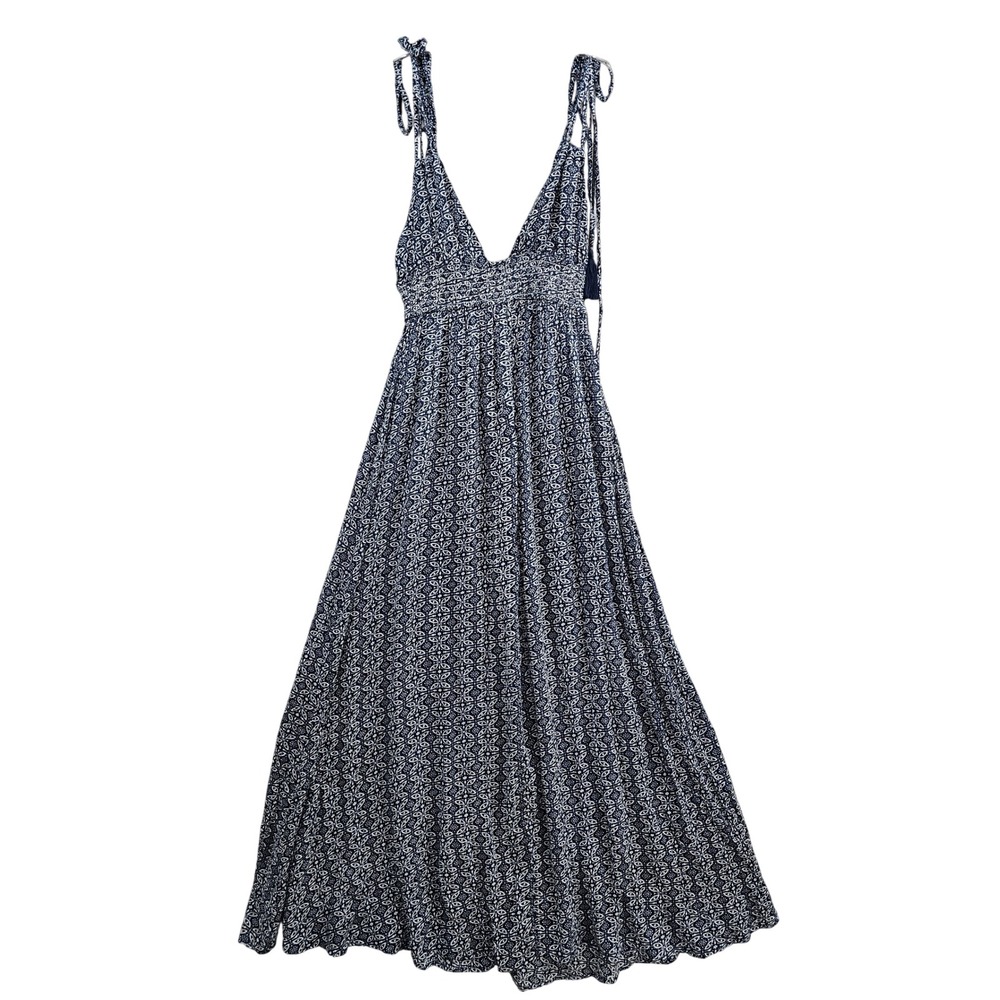 Lulus Maxi Dress Womens XS Blue White Paisley‎ Print Tie Strap Tassel Boho Rayon